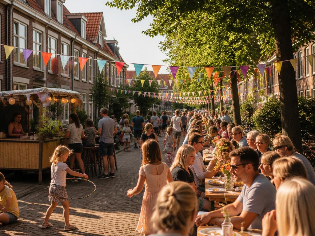 Gezellig straatfeest in een Nederlandse wijk met buurtbewoners